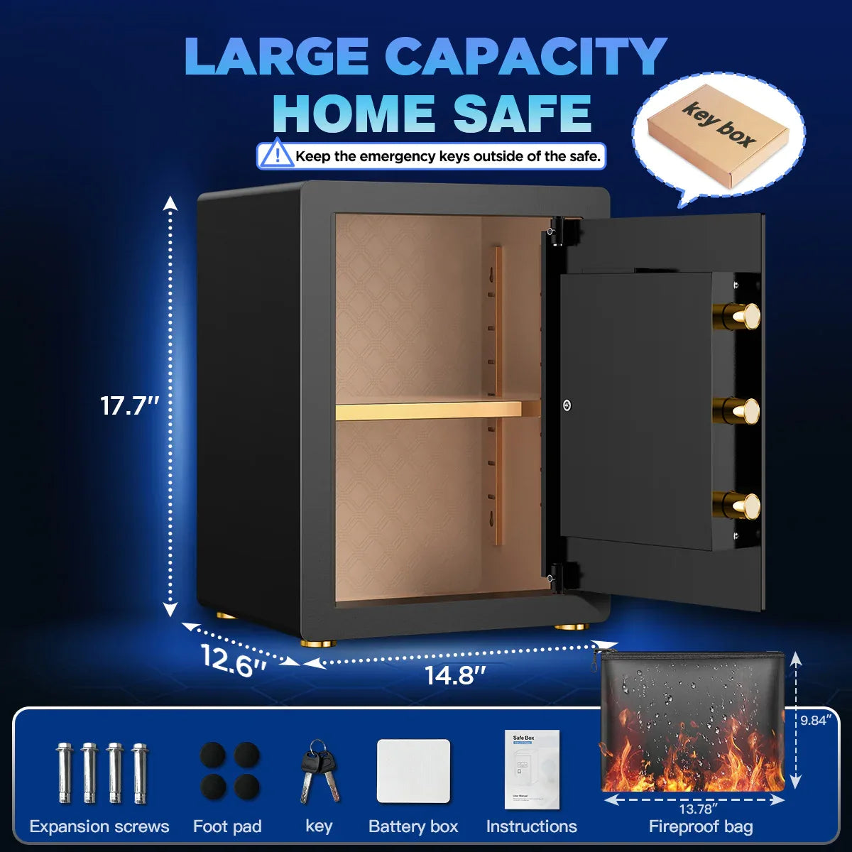 TNTANTS 3.8 Large Safe Box, Digital Keypad, Digital Board, Home Security Safe With A-Level Fireproof Waterproof Bag & Alarm System Electronic Lock Heavy Duty Adjustable Shelf - TNTANTS