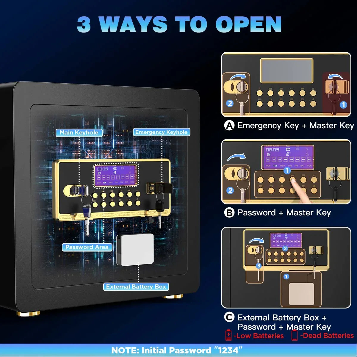 TNTANTS 2.8 Safe Box for Home Security, with Alarm System, Adjustable Shelf, Digital Keypad for Cash Jewerly Valuables, Combination Lock, Heavy Duty Modern Protector, Fireproof Bag Black Blue - TNTANTS