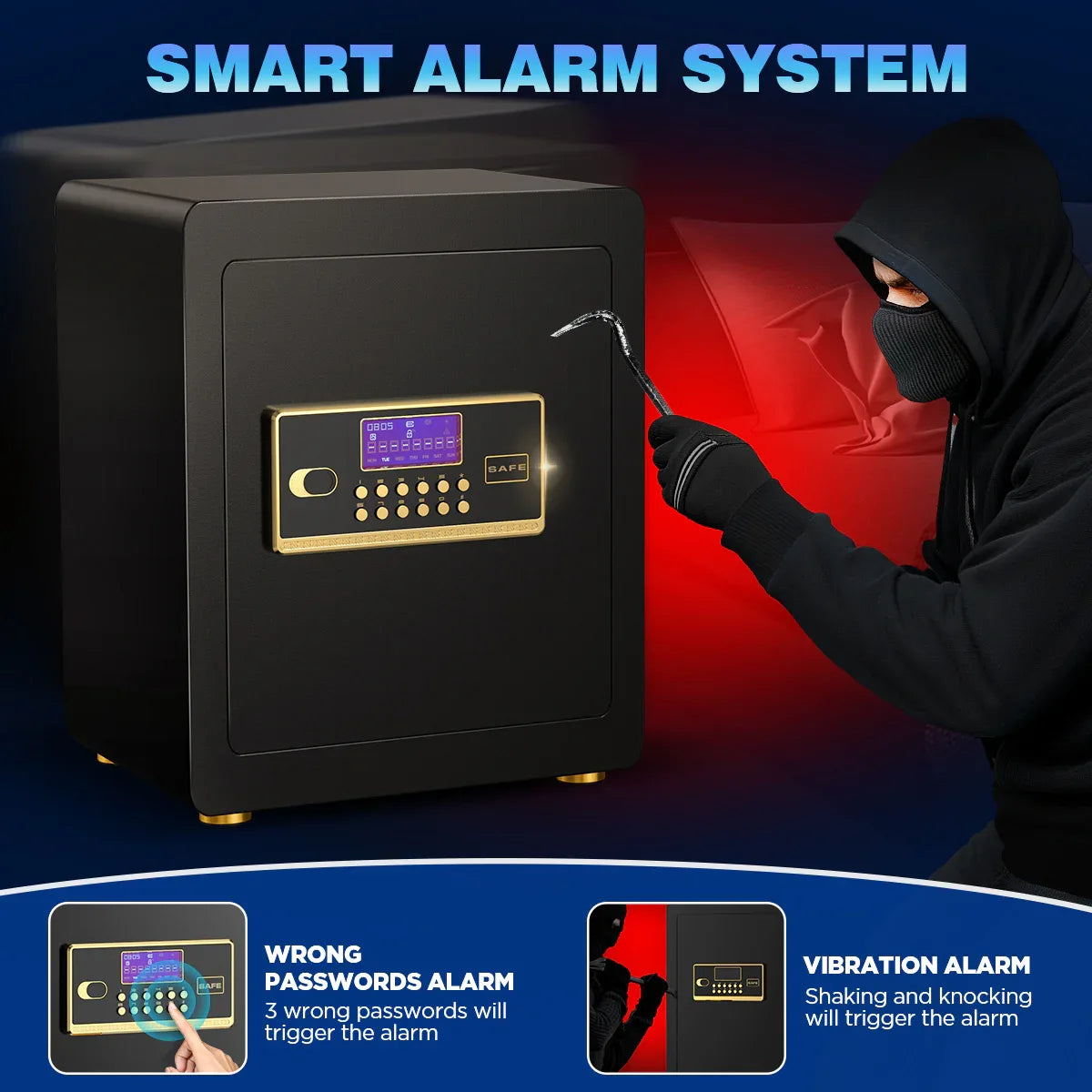 TNTANTS 2.8 Safe Box for Home Security, with Alarm System, Adjustable Shelf, Digital Keypad for Cash Jewerly Valuables, Combination Lock, Heavy Duty Modern Protector, Fireproof Bag Black Blue - TNTANTS