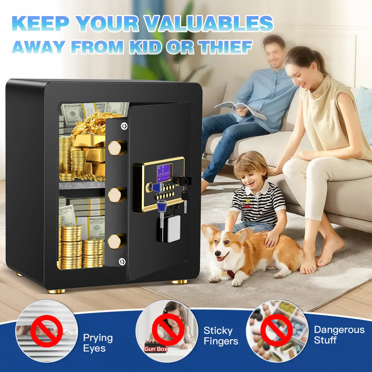 TNTANTS 2.8 Safe Box for Home Security, with Alarm System, Adjustable Shelf, Digital Keypad for Cash Jewerly Valuables, Combination Lock, Heavy Duty Modern Protector, Fireproof Bag Black Blue - TNTANTS