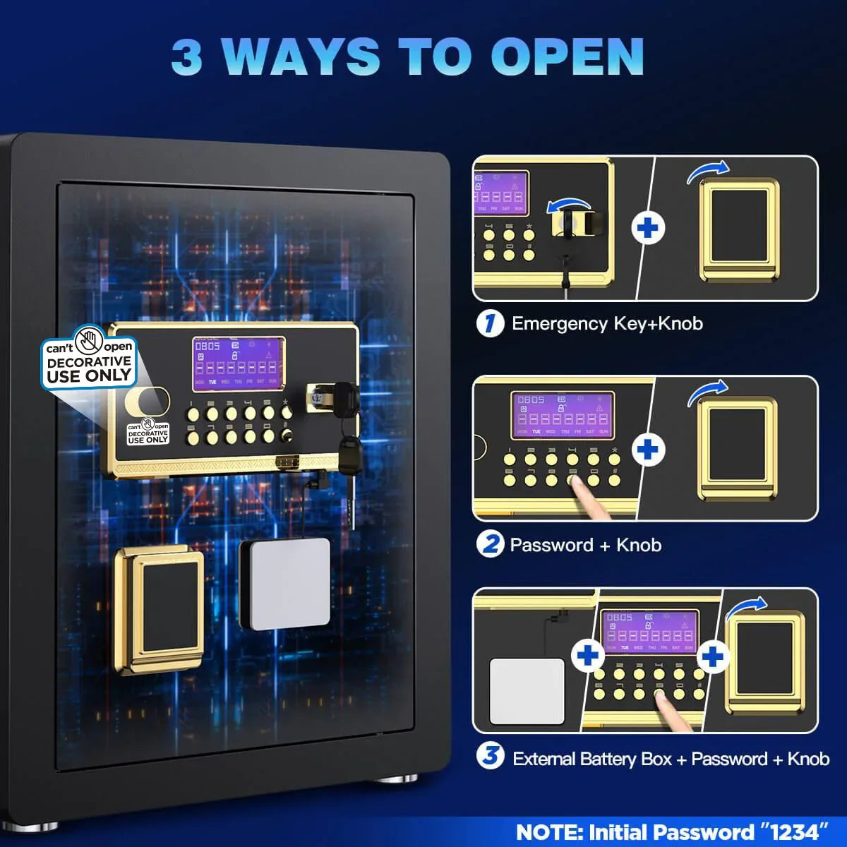 TNTANTS 3.8 Large Safe Box, Digital Keypad, Digital Board, Home Security Safe With A-Level Fireproof Waterproof Bag & Alarm System Electronic Lock Heavy Duty Adjustable Shelf - TNTANTS