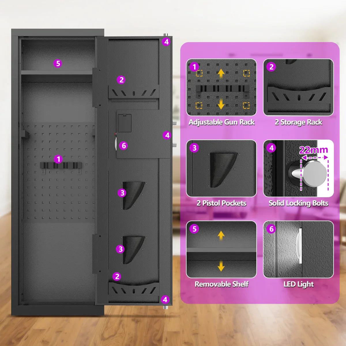 TNTANTS 8-10 Gun Cabinet, Quick Access Long Gun Safe for Home Rifles and Pistols, Large Unassembled Rifle Safe with Removable Shelves, Digital Keypad, Pegboard - TNTANTS