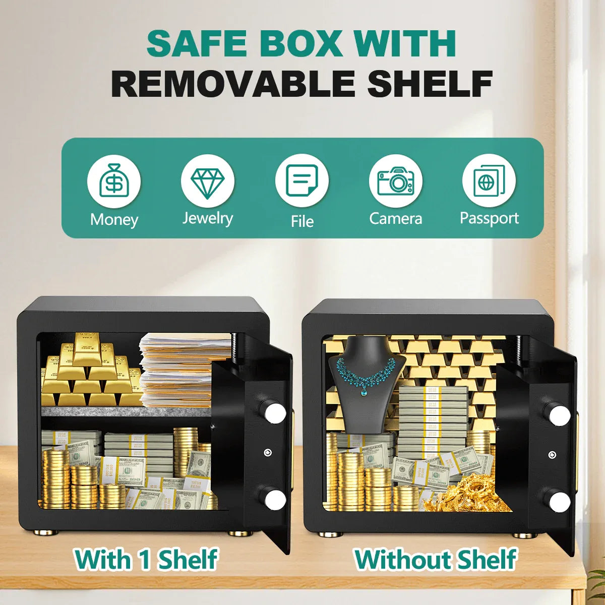 TNTANTS 2.0 Safe Box for Home Security, with Digital Keypad, Removeable Shelf, LCD Screen, for Money Jewelry, Heavy Duty Locks safety - TNTANTS